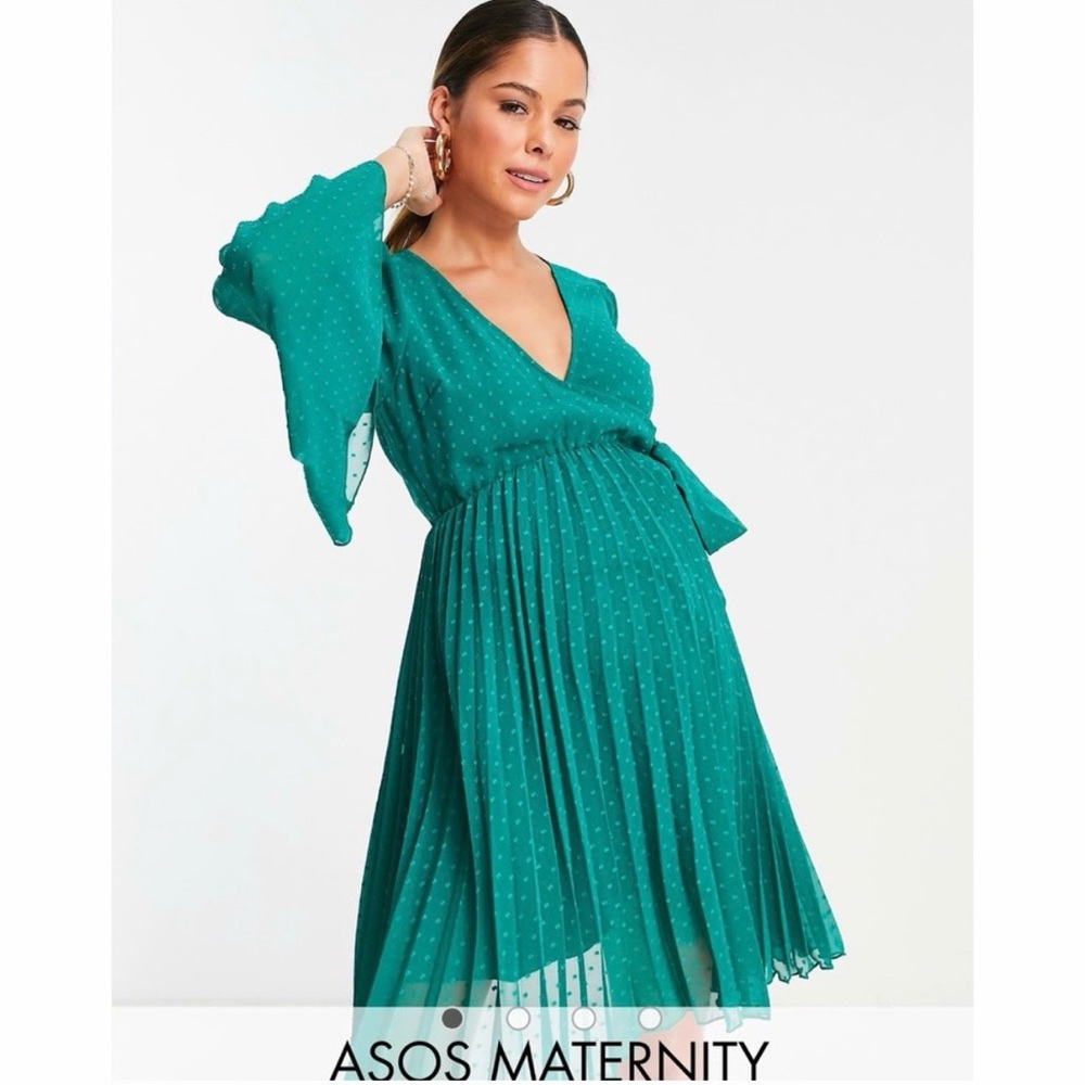 ASOS Maternity Green Long Bell Sleeve Pleated Swiss Dot Dress